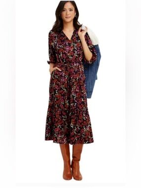 Draper James Black Midi Dress with Red and Pink Floral Print